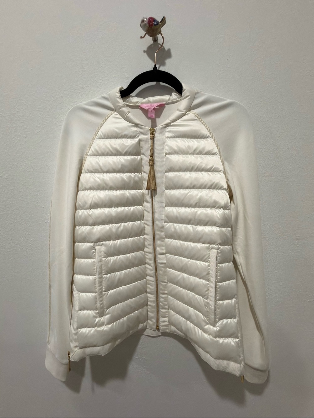 Lily Pulitzer Cream Quilted Haley Bomber Jacket with Tassel Zip
